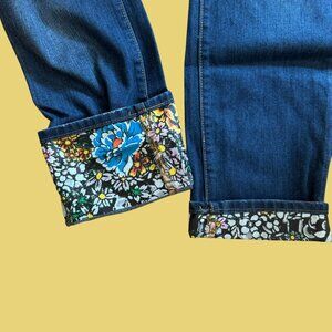 Designer Style Denim Jeans with Floral Decal and Distressing